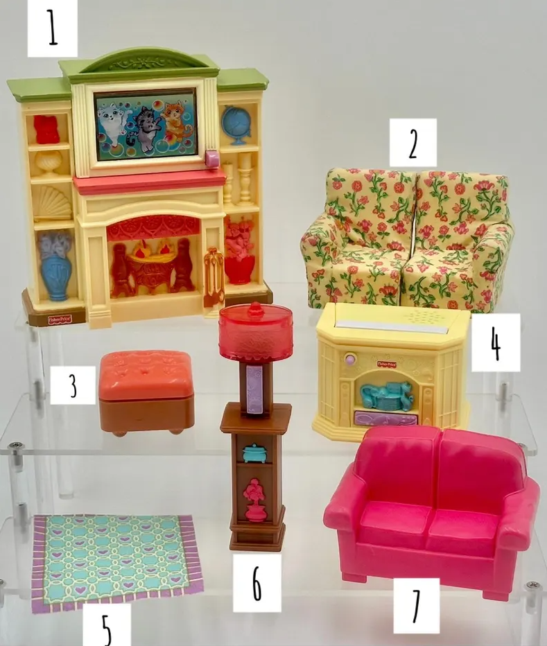 Vintage Fisher-Price Loving Family Living Room Lot – Happy Family Fold-Up Dollhouse 6364 Blue Roof + Dream House & Playskool Grandparents