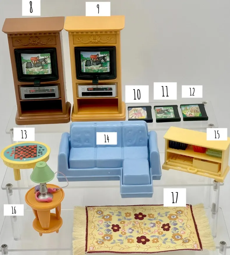 Vintage Fisher-Price Loving Family Living Room Lot – Happy Family Fold-Up Dollhouse 6364 Blue Roof + Dream House & Playskool Grandparents