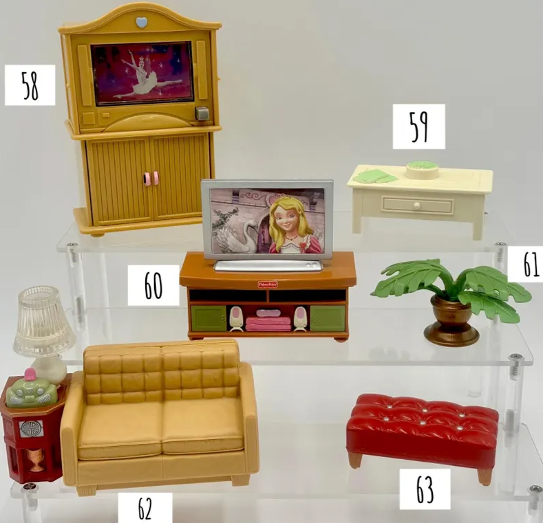 Vintage Fisher-Price Loving Family Living Room Lot – Happy Family Fold-Up Dollhouse 6364 Blue Roof + Dream House & Playskool Grandparents
