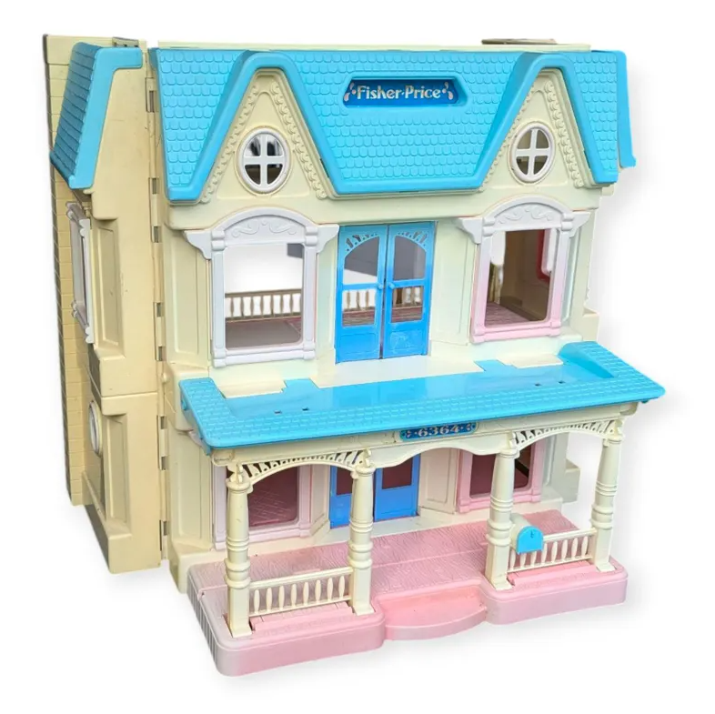 Vintage Fisher-Price Loving Family Living Room Lot – Happy Family Fold-Up Dollhouse 6364 Blue Roof + Dream House & Playskool Grandparents